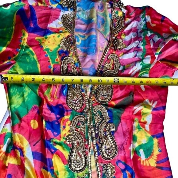 Vintage Hand Beaded Kaftan Dress With Vibrant Abstract Print 3/4 Sleeves Size M - Picture 12 of 14